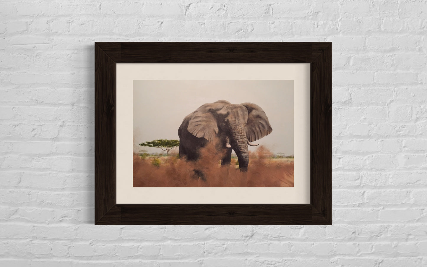 Acrylic painting of an elephant taking a dust bath