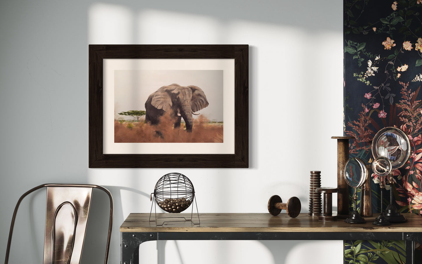 Acrylic painting of an elephant taking a dust bath