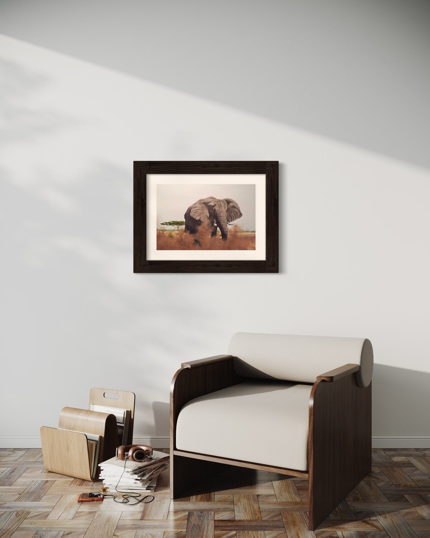 Acrylic painting of an elephant taking a dust bath