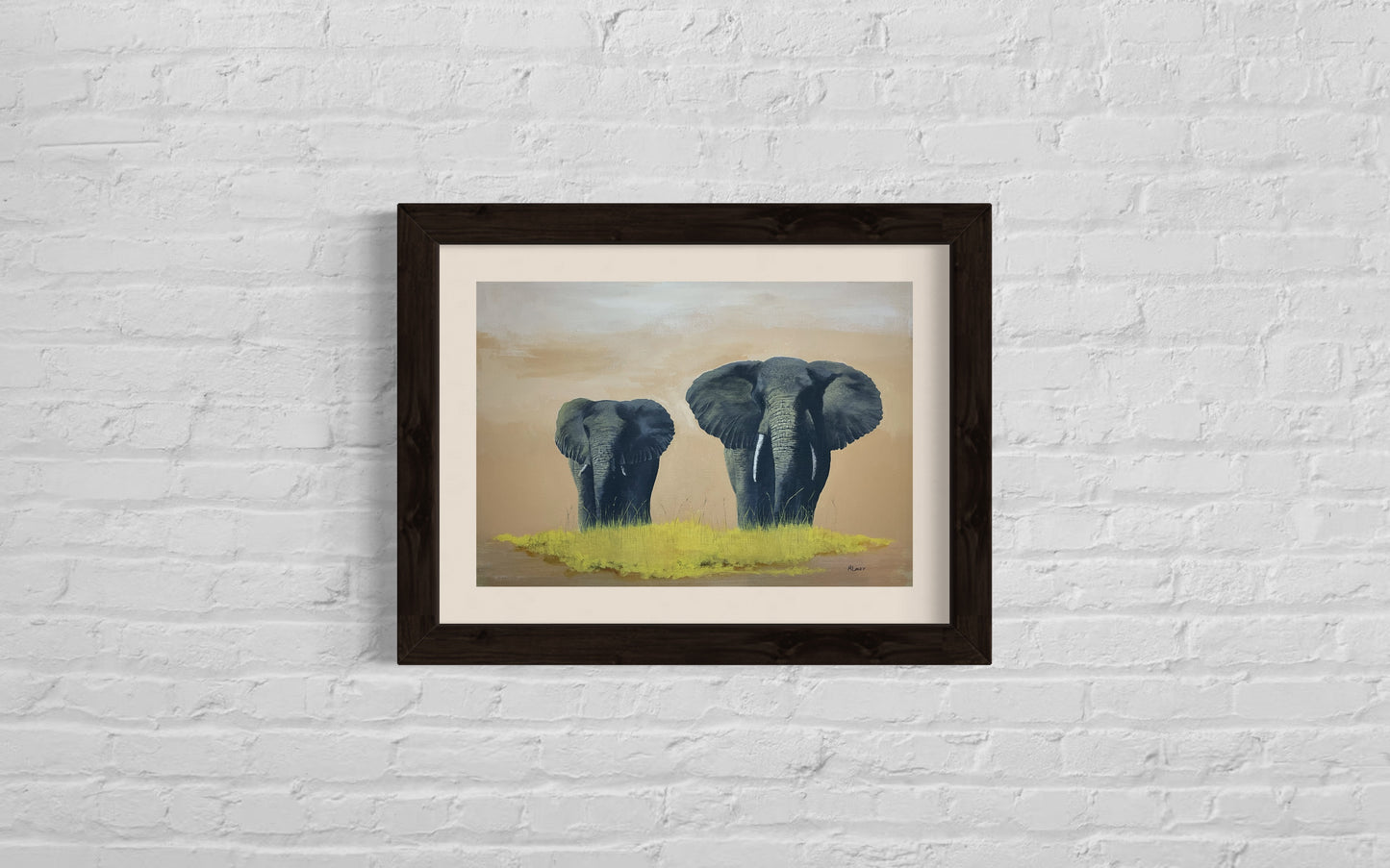 Acrylic Painting of two elephants at sunset